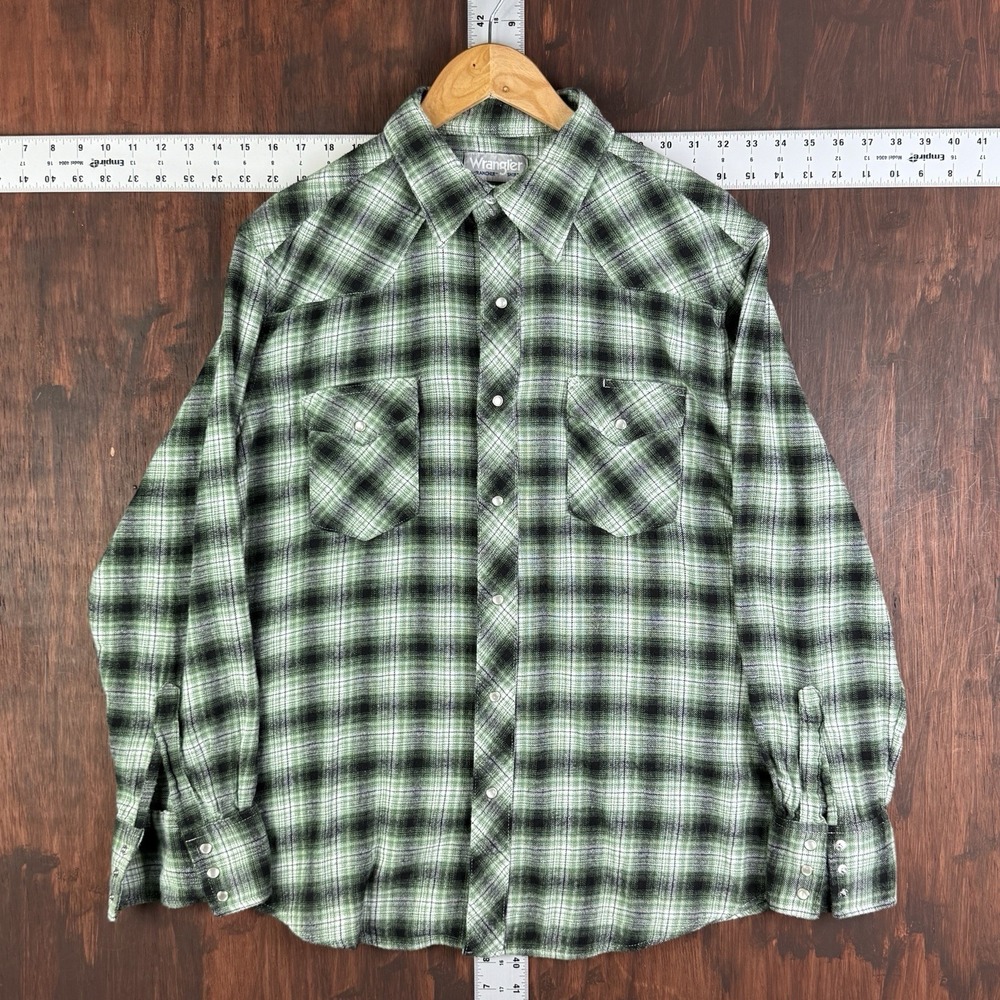 Wrangler Wrancher Plaid Flannel Pearl Snap Long Sleeve Shirt Green Black Mens XL
